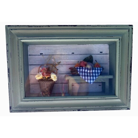 Rustic Shadow Box Wall Art, Mini Fruit Flower Display Green Frame Granny Cottage - Picture 1 of 8